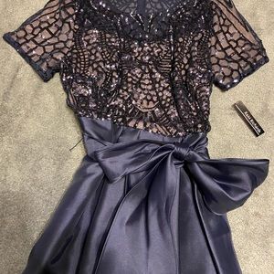 R&M Richard’s Sequin Navy Blue High Low Formal Dress with Pockets Size 14W.